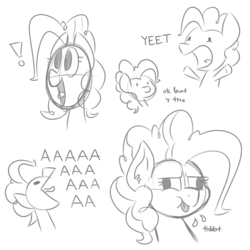 Size: 600x600 | Tagged: safe, artist:glimglam, pinkie pie, g4, aaaaaaaaaa, grayscale, monochrome, onomatopoeia, open mouth, raspberry, raspberry noise, simple background, sketch, sketch dump, tongue out, white background