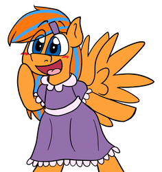 Size: 603x640 | Tagged: safe, artist:alittleofsomething, oc, oc only, oc:cold front, pegasus, pony, bipedal, blushing, clothes, crossdressing, dress, hairclip, happy, simple background, smiling, solo, white background
