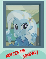 Size: 604x770 | Tagged: safe, edit, edited screencap, screencap, trixie, equestria girls, equestria girls specials, g4, my little pony equestria girls: better together, my little pony equestria girls: forgotten friendship, against glass, classroom, clothes, glass, jacket, notice me senpai, stars, window