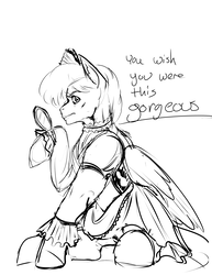Size: 1545x2000 | Tagged: safe, artist:aphexangel, oc, oc only, oc:cold front, pegasus, pony, clothes, crossdressing, dialogue, dress, funny, jewelry, looking at you, maid, manly, mirror, monochrome, necklace, sitting, sketch, solo, text, that stallion sure does love dresses