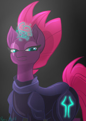 Size: 1345x1890 | Tagged: safe, artist:renwolf44, tempest shadow, pony, unicorn, g4, my little pony: the movie, armor, black background, broken horn, eye scar, female, glowing horn, gradient background, horn, mare, scar, simple background, solo, sparking horn