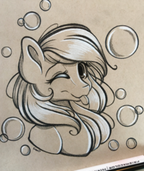 Size: 2917x3473 | Tagged: safe, artist:emberslament, derpy hooves, g4, bubble, colored pencil drawing, high res, one eye closed, photo, tongue out, traditional art, wink