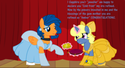 Size: 11000x6000 | Tagged: safe, artist:evilfrenzy, oc, oc:azure/sapphire, oc:cold front, pegasus, pony, unicorn, absurd resolution, belle, bow, cinderella, clothes, crossdressing, curtains, dialogue, dress, ear piercing, earring, eyelashes, gem, high heels, hoofband, jewelry, levitation, magic, makeup, piercing, pillow, shoes, smiling, telekinesis, text, wig