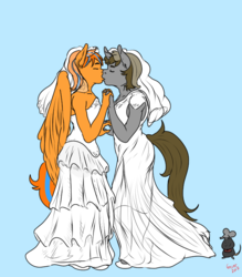 Size: 671x767 | Tagged: safe, artist:geier, oc, oc:cold front, oc:disty, human, mouse, pegasus, anthro, clothes, couple, crossdressing, dress, gay, hand, holding hands, kissing, male, shoes, signature, tail, veil, wedding dress