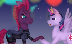 Size: 4752x2912 | Tagged: safe, artist:lunareptain, tempest shadow, twilight sparkle, alicorn, pony, unicorn, g4, my little pony: the movie, armor, broken horn, crown, duo, eye scar, female, glowing horn, horn, jewelry, mare, open mouth, regalia, scar, twilight sparkle (alicorn)