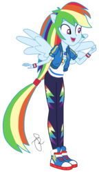 Size: 1179x2048 | Tagged: safe, artist:ilaria122, rainbow dash, equestria girls, g4, my little pony equestria girls: better together, clothes, converse, female, geode of super speed, happy, magical geodes, open mouth, pants, ponied up, shoes, simple background, sneakers, solo, transparent background