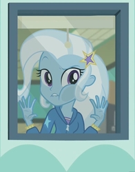 Size: 604x770 | Tagged: safe, screencap, trixie, equestria girls, equestria girls specials, g4, my little pony equestria girls: better together, my little pony equestria girls: forgotten friendship, against glass, classroom, clothes, cropped, glass, jacket, stars, window