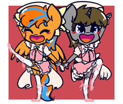 Size: 1137x965 | Tagged: safe, artist:lilliesinthegarden, oc, oc only, oc:cold front, oc:disty, pegasus, anthro, ballet slippers, bipedal, blushing, bonnet, bow, bowtie, chibi, clothes, couple, crossdressing, cute, dress, gay, happy, holding hands, horn, magical girl, male, oc x oc, raised leg, shipping, smiling, wings