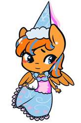 Size: 736x1120 | Tagged: safe, artist:lilliesinthegarden, oc, oc only, oc:cold front, pegasus, anthro, ambiguous gender, beads, blushing, bow, bowtie, chibi, crossdressing, ear piercing, earring, female, froufrou glittery lacy outfit, hat, heart, hennin, jewelry, male, mare, necklace, pearl necklace, piercing, signature, solo, streamers, wings, wristband