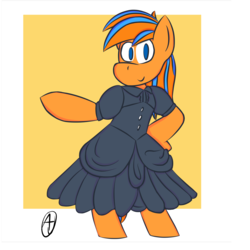 Size: 1280x1280 | Tagged: safe, artist:shoobaofhooba, oc, oc only, oc:cold front, pegasus, pony, bipedal, clothes, crossdressing, dress, grin, hand on hip, looking at you, signature, smiling, solo