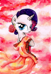 Size: 2389x3437 | Tagged: safe, artist:mashiromiku, rarity, pony, unicorn, g4, abstract background, clothes, dress, female, flower, high res, mare, solo, traditional art, watercolor painting