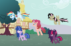 Size: 3032x1968 | Tagged: dead source, safe, artist:rainbows-skies, oc, oc only, oc:candy pie, oc:galaxy sparkle, oc:harmony, oc:magic shield, oc:speed dash, earth pony, hybrid, pegasus, pony, unicorn, female, flying, interspecies offspring, magical lesbian spawn, mare, offspring, parent:cheese sandwich, parent:discord, parent:flash sentry, parent:fluttershy, parent:pinkie pie, parent:rainbow dash, parent:soarin', parent:tempest shadow, parent:twilight sparkle, parents:cheesepie, parents:discoshy, parents:flashlight, parents:soarindash, parents:tempestlight, pronking
