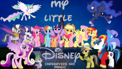 Size: 6161x3509 | Tagged: safe, artist:favoriteartman, apple bloom, applejack, daring do, fluttershy, pinkie pie, princess cadance, princess celestia, princess luna, rainbow dash, rarity, scootaloo, shining armor, spike, sunset shimmer, sweetie belle, trixie, twilight sparkle, zecora, alicorn, dragon, earth pony, pegasus, pony, unicorn, zebra, g4, castle, crossover, cutie mark, disney, hugpony poses, twilight sparkle (alicorn)