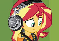 Size: 445x308 | Tagged: safe, edit, edited screencap, screencap, sunset shimmer, equestria girls, equestria girls series, forgotten friendship, g4, animated, clothes, female, headphones, jacket, meme, music, party sad, party soft, sad, sad eyes, sunsad shimmer, vibing