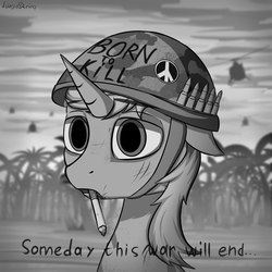Size: 2000x2000 | Tagged: safe, artist:adagiostring, oc, oc only, pony, unicorn, born to kill, born to x, bullet, bust, cigarette, full metal jacket, grayscale, helicopter, helmet, high res, jungle, male, military, monochrome, portrait, soldier, solo, stallion, thousand yard stare, vietnam war