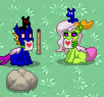 Size: 204x190 | Tagged: safe, artist:kabelpodtehpony, oc, changedling, changeling, pony, pony town, changedling oc, doll, heart, mouth hold, toy