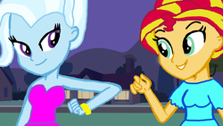 Size: 1800x1013 | Tagged: safe, artist:bigpurplemuppet99, sunset shimmer, trixie, equestria girls, g4, female, lesbian, ship:suntrix, shipping