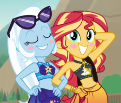 Size: 844x720 | Tagged: safe, artist:keronianniroro, artist:themexicanpunisher, sunset shimmer, trixie, equestria girls, equestria girls specials, g4, my little pony equestria girls: better together, my little pony equestria girls: forgotten friendship, belly button, clothes, duo, duo female, eyes closed, female, lesbian, sarong, ship:suntrix, shipping, shoulder bag, sunglasses, sunset selfie, swimsuit