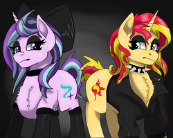 Size: 2201x1754 | Tagged: safe, artist:renwolf44, starlight glimmer, sunset shimmer, pony, unicorn, g4, backwards cutie mark, bow, chest fluff, choker, clothes, duo, eyeshadow, female, goth, hilarious in hindsight, jacket, leather jacket, makeup, mare, socks, spiked choker, stockings, thigh highs