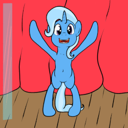 Size: 440x440 | Tagged: safe, artist:bennimarru, derpibooru exclusive, starlight glimmer, trixie, pony, unicorn, animated, belly button, bipedal, curtains, cute, diatrixes, duo, female, gif, glass, glimmerbetes, magic show, magic trick, mare, open mouth, smiling, stage