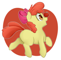 Size: 1280x1269 | Tagged: safe, artist:zoarity, apple bloom, pony, g4, abstract background, adorabloom, apple, balancing, blank flank, bow, cute, female, filly, food, hair bow, open mouth, ponies balancing stuff on their nose, solo, trotting