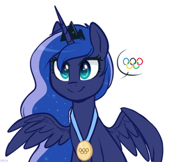 Size: 516x480 | Tagged: safe, artist:higglytownhero, princess luna, alicorn, pony, g4, bust, crown, cute, female, gold medal, jewelry, mare, medal, olympic rings, olympics, pictogram, regalia, simple background, smiling, solo, white background