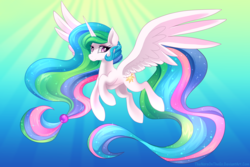 Size: 6000x4000 | Tagged: safe, artist:thenornonthego, princess celestia, alicorn, pony, g4, female, flying, horn, looking at you, mare, princess, smiling, solo, wings
