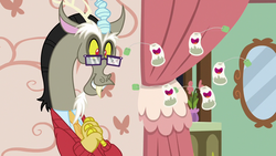 Size: 1280x720 | Tagged: safe, screencap, discord, discordant harmony, g4, clothes, ginseng teabags, glasses, sweater