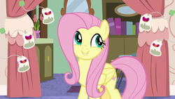 Size: 1280x720 | Tagged: safe, screencap, fluttershy, pegasus, pony, discordant harmony, g4, cute, female, ginseng teabags, mare, shyabetes, smiling, solo