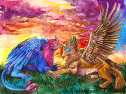 Size: 1300x970 | Tagged: safe, artist:maroko, oc, oc only, oc:gyro feather, oc:gyro tech, oc:saewin, griffon, behaving like a bird, birds doing bird things, colorful, duo, griffonized, male, on side, preening, species swap, traditional art, watercolor painting, wings