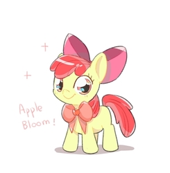 Size: 536x547 | Tagged: safe, artist:scuser, apple bloom, earth pony, pony, g4, adorabloom, bow, bowtie, cute, female, filly, foal, looking at you, simple background, smiling, solo, white background