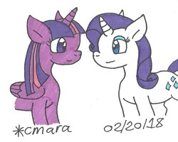 Size: 805x645 | Tagged: safe, artist:cmara, rarity, twilight sparkle, alicorn, pony, g4, female, lesbian, ship:rarilight, shipping, traditional art, twilight sparkle (alicorn)