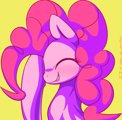 Size: 777x765 | Tagged: safe, artist:tangankittentail, pinkie pie, earth pony, pony, g4, cute, eyes closed, face hoof, female, simple background, smiling, solo, yellow background