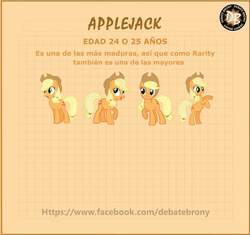 Size: 1884x1768 | Tagged: safe, applejack, g4, age, facebook, fake, faker than a three dollar bill, spanish, text, translated in the comments