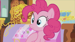 Size: 1280x720 | Tagged: safe, screencap, pinkie pie, earth pony, pony, g4, it isn't the mane thing about you, season 7, :t, animated, female, gif, mare, reaction, reaction gif, reaction image, shrug, solo