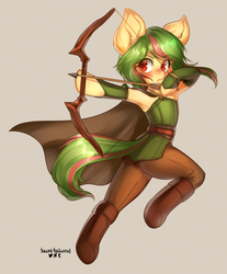 Size: 660x799 | Tagged: safe, artist:tawni-tailwind, oc, oc only, oc:ardent arrow, earth pony, semi-anthro, armpits, arrow, blushing, boots, bow (weapon), cape, clothes, colored pupils, dexterous hooves, ear fluff, femboy, frown, gray background, male, running, shoes, shooting, simple background, solo, stallion, trap, weapon