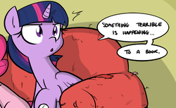 Size: 1000x610 | Tagged: safe, artist:shoutingisfun, edit, pinkie pie, twilight sparkle, alicorn, earth pony, pony, comic:the little match filly, anon's couch, book, book sense, bookhorse, comic, couch, cropped, dialogue, duo, esp, female, mare, reaction image, solo focus, speech bubble, that pony sure does love books, twilight sense, twilight sparkle (alicorn)
