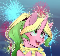 Size: 2333x2160 | Tagged: safe, artist:silbersternenlicht, oc, oc only, pony, unicorn, bust, clothes, female, fireworks, high res, mare, open mouth, portrait, scarf, solo