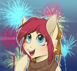 Size: 2333x2160 | Tagged: safe, artist:silbersternenlicht, oc, oc only, oc:ketika, pegasus, pony, bust, clothes, female, fireworks, high res, mare, open mouth, portrait, scarf, solo