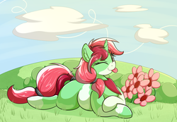 Size: 2779x1928 | Tagged: safe, artist:graphene, oc, oc only, oc:clover, pony, unicorn, female, flower, grass, lying down, mare, one eye closed, solo, tongue out