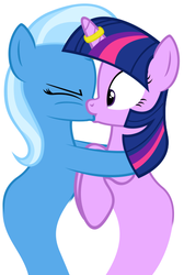 Size: 409x607 | Tagged: safe, artist:navitaserussirus, trixie, twilight sparkle, pony, unicorn, g4, duo, female, horn, horn ring, kiss on the lips, kissing, lesbian, ship:twixie, shipping