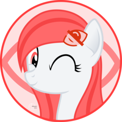 Size: 2000x2000 | Tagged: safe, artist:arifproject, oc, oc only, oc:hide, oc:hide image, earth pony, pony, derpibooru, arif's circle vector, bust, cute, derpibooru ponified, hide, high res, meta, one eye closed, ponified, semi-transparent, simple background, smiling, solo, transparent background, vector, wink