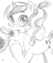 Size: 743x889 | Tagged: safe, artist:ehfa, sweet biscuit, pony, unicorn, g4, female, mare, monochrome, simple background, sketch, solo, white background