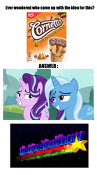 Size: 600x1080 | Tagged: safe, editor:grapefruitface, starlight glimmer, trixie, g4, cornetto, food, headcanon, ice cream, image macro, looking at each other, meme, peanut butter, peanut butter ice cream, stars, the more you know, theory
