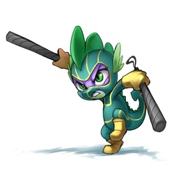 Size: 900x900 | Tagged: safe, artist:luciferamon, spike, g4, action pose, clothes, costume, crossover, eskrima sticks, kick-ass, male, solo, superhero, warrior spike