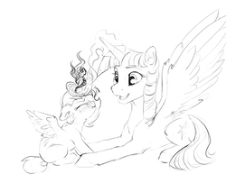 Size: 3300x2550 | Tagged: safe, artist:silfoe, twilight sparkle, oc, oc:eventide glisten, alicorn, pony, other royal book, g4, alicorn oc, black and white, duo, eyes closed, female, filly, fire, glowing horn, grayscale, high res, horn, magic, magical lesbian spawn, mare, monochrome, mother and daughter, offspring, parent:princess luna, parent:twilight sparkle, parents:twiluna, prone, simple background, sketch, smiling, twilight sparkle (alicorn), white background