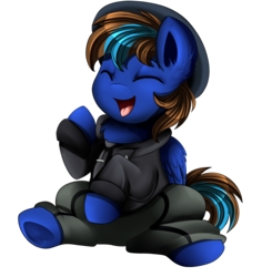 Size: 1868x1979 | Tagged: safe, artist:pridark, oc, oc only, pegasus, pony, clothes, commission, cute, eyes closed, hat, laughing, male, pants, simple background, stallion, transparent background