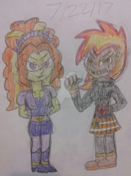 Size: 1024x1375 | Tagged: safe, artist:tobiisabunny, adagio dazzle, oc, oc:daybreak flare, equestria girls, g4, blonde hair, evil smile, grin, redhead, smiling