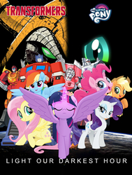 Size: 1600x2115 | Tagged: safe, artist:illumnious, artist:shutterflyeqd, applejack, fluttershy, pinkie pie, queen chrysalis, rainbow dash, rarity, twilight sparkle, alicorn, pony, fanfic:light our darkest hour, g4, arcee, clash of hasbro's titans, cover art, crossover, hot rod, mane six, megatron, optimus prime, transformers, transformers generation 1, twilight sparkle (alicorn), unicron