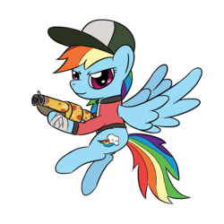 Size: 1280x1280 | Tagged: safe, artist:phat_guy, derpibooru exclusive, rainbow dash, pegasus, pony, g4, bandage, clothes, crossover, determined, female, flying, food, gun, hat, hoof hold, jacket, mare, pizza, pizza delivery, rainbow scout, scattergun, scout (tf2), simple background, smiling, solo, spread wings, team fortress 2, transparent background, video game, weapon, wings